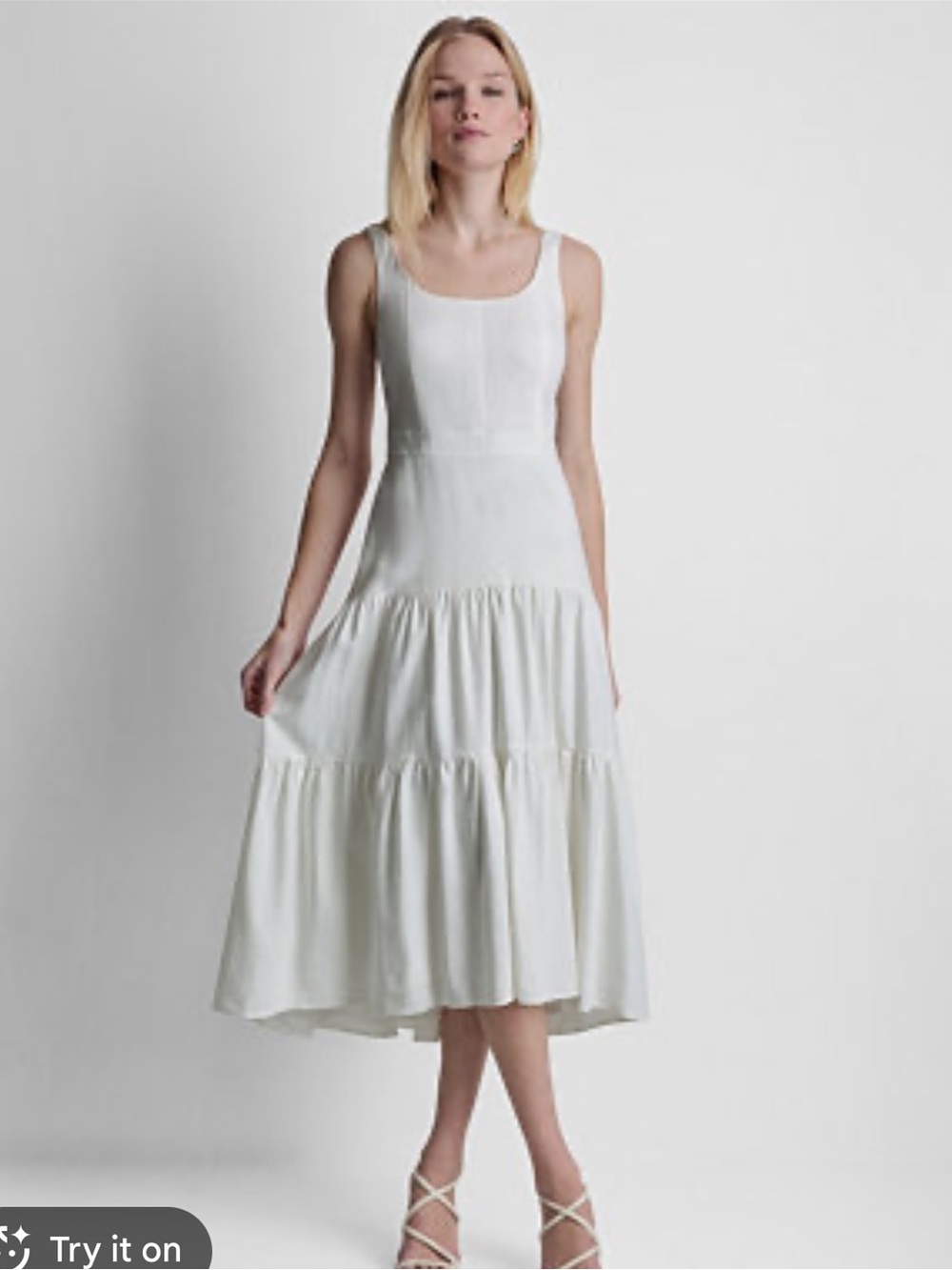 DKNY White Linen Midi Dress Tiered Square Neck Size 2 Coastal